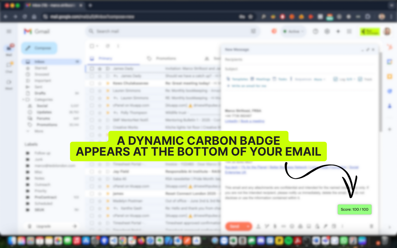 A dynamic carbon badge appears at the bottom of your email.