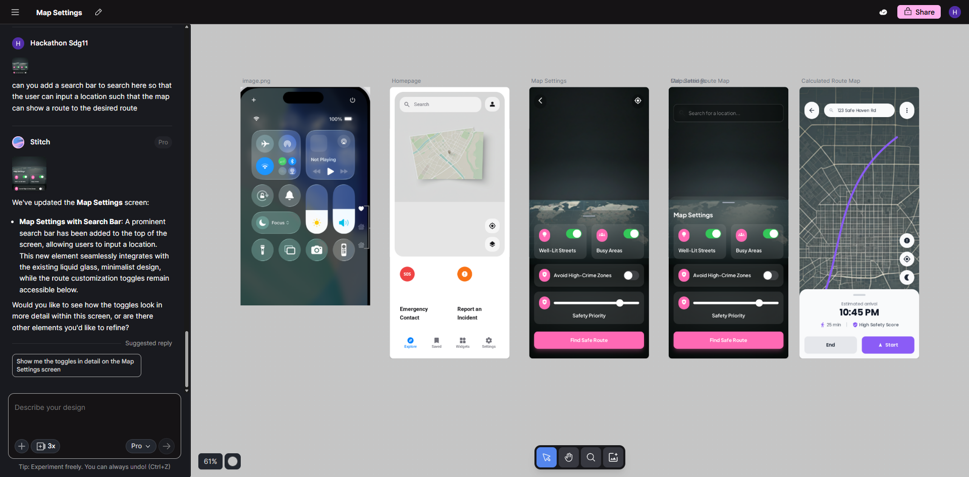 Google Stitch interface showing a series of mid-fidelity app screens: Homescreen, map settings, and a calculated route map. This illustrates the final output after using image referencing.