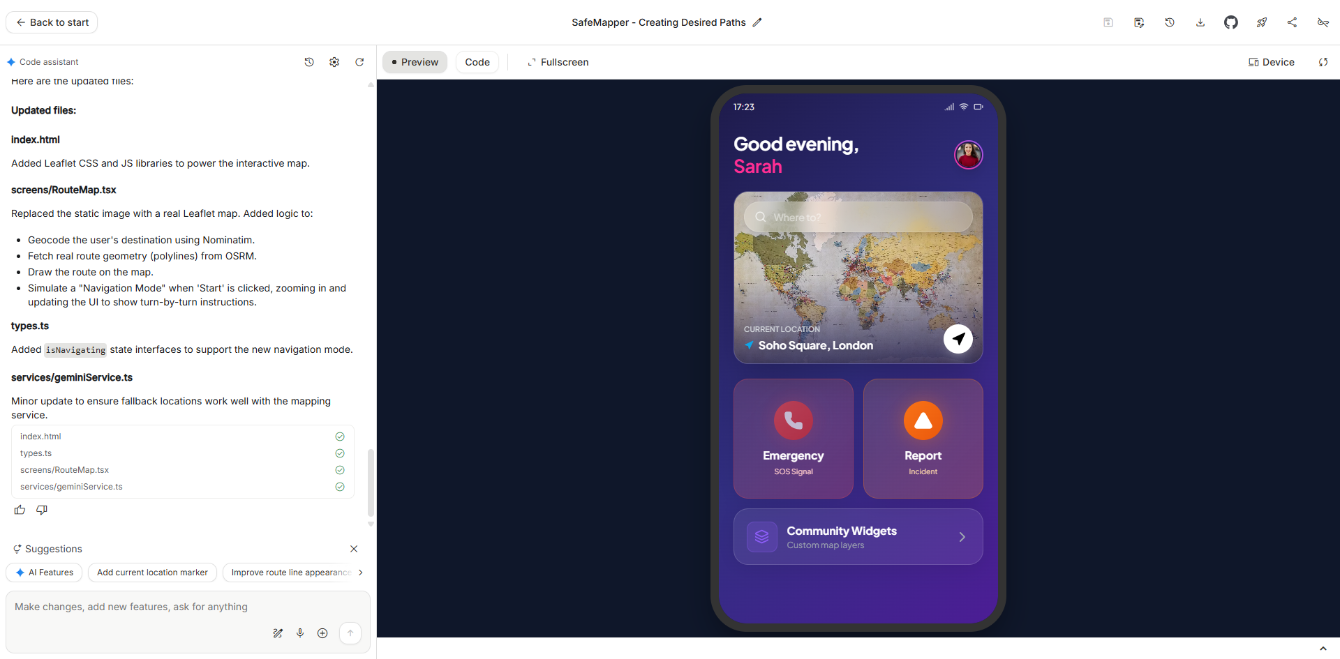 Screenshot of the Google AI Studio environment showing the final mobile app prototype. The app displays a homescreen with a world map and a user greeting, featuring clickable buttons for ‘Emergency SOS Signal,’ ‘Report Incident,’ and ‘Community Widgets.’