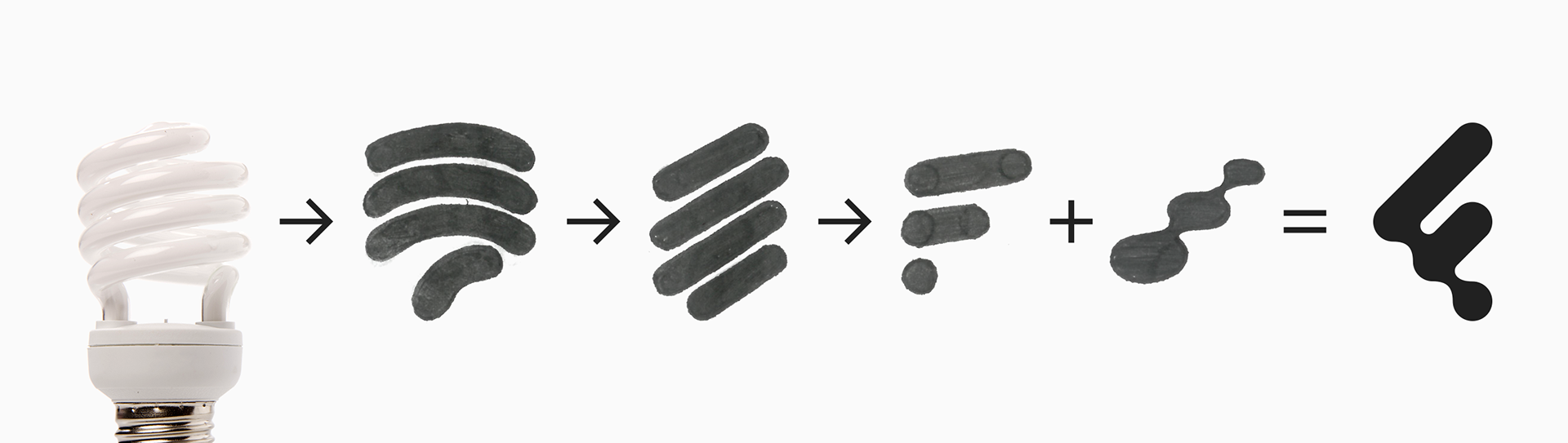 Diagram showing the Fluo logo's evolution: a fluorescent lightbulb, simplified into inked horizontal strokes, refined into a diagonal F shape, then combined with a metaball blob form to create the final logo mark.