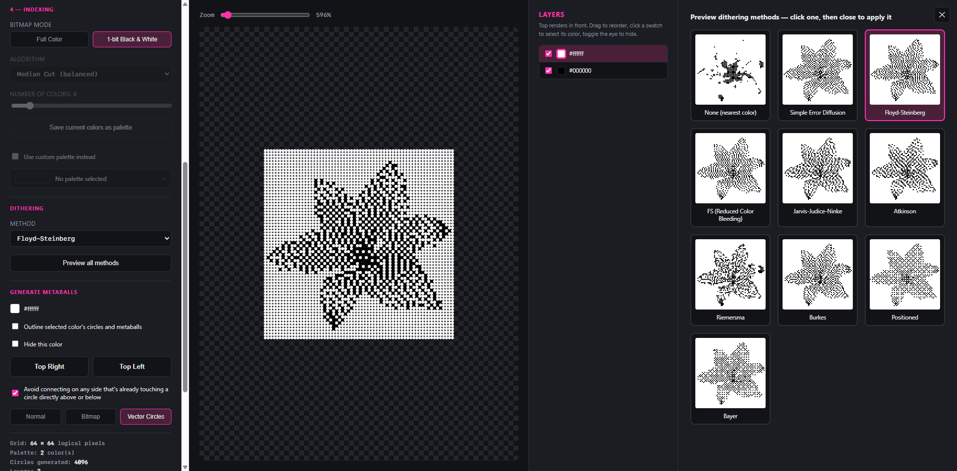 Screenshot of the browser-based tool, showing indexing and dithering controls on the left, a dithered flower preview in the centre, a layers panel on the right, and a grid comparing eight different dithering methods applied to the same image.