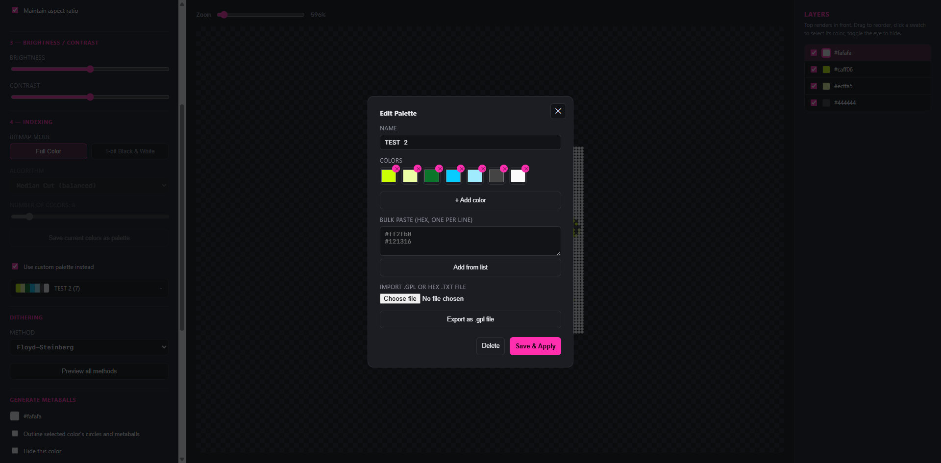 Screenshot of the tool's 'Edit Palette' dialog, showing a custom colour swatch set, hex bulk-paste input, and file import options.