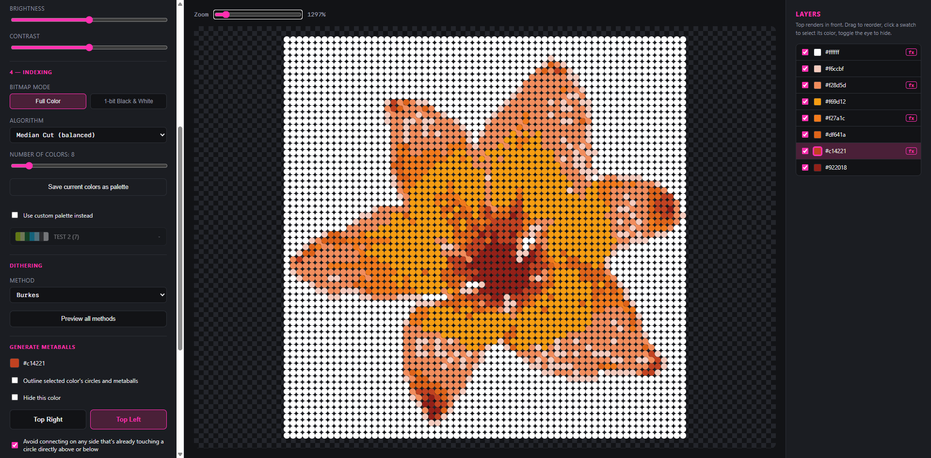 Screenshot of the tool showing a lily indexed to eight colours and rendered as dot circles, with the layers panel on the right listing each colour swatch individually.