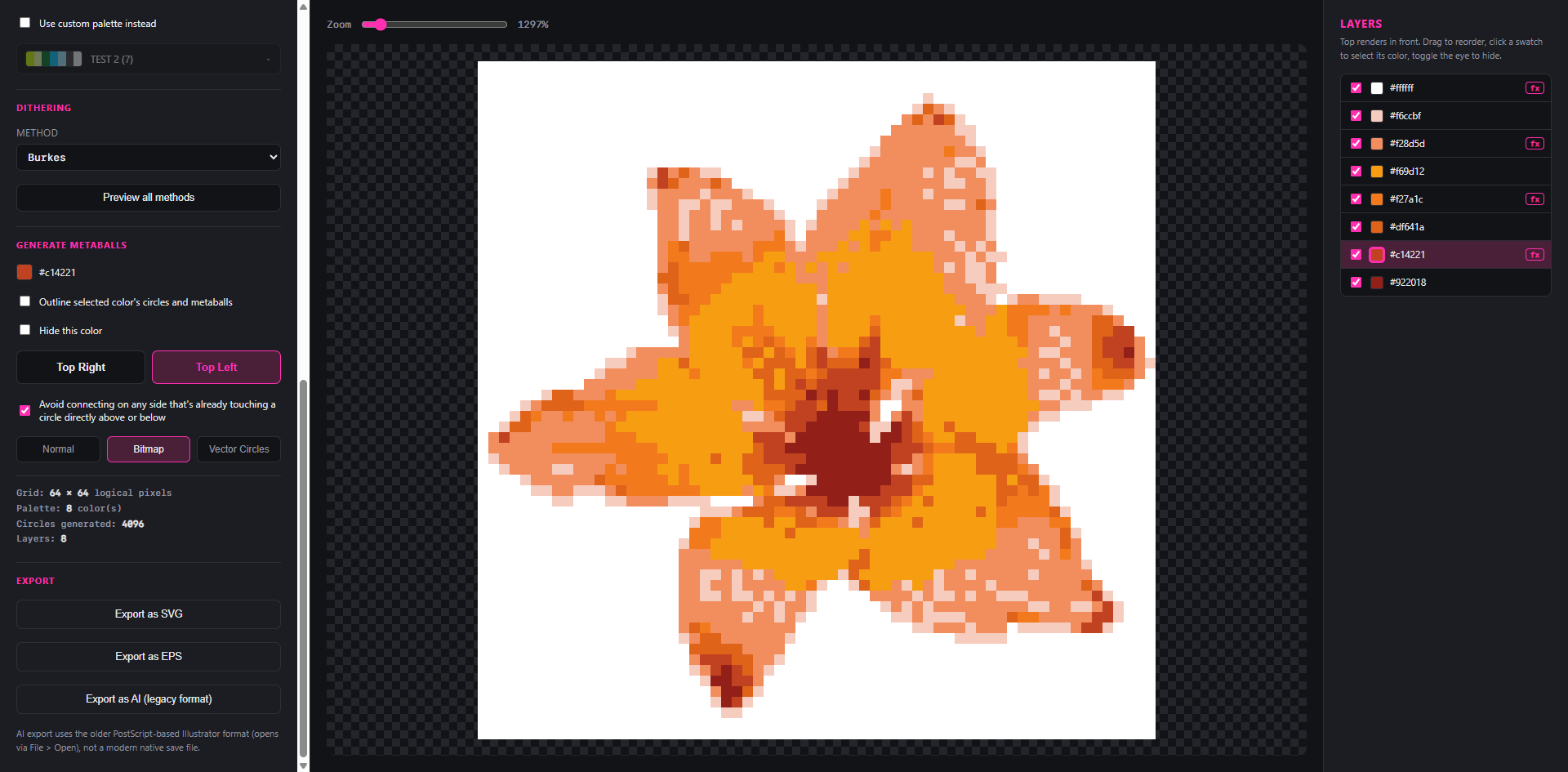 Screenshot of tool in bitmap view mode, showing the same lily flattened into solid indexed colour blocks rather than dot circles.