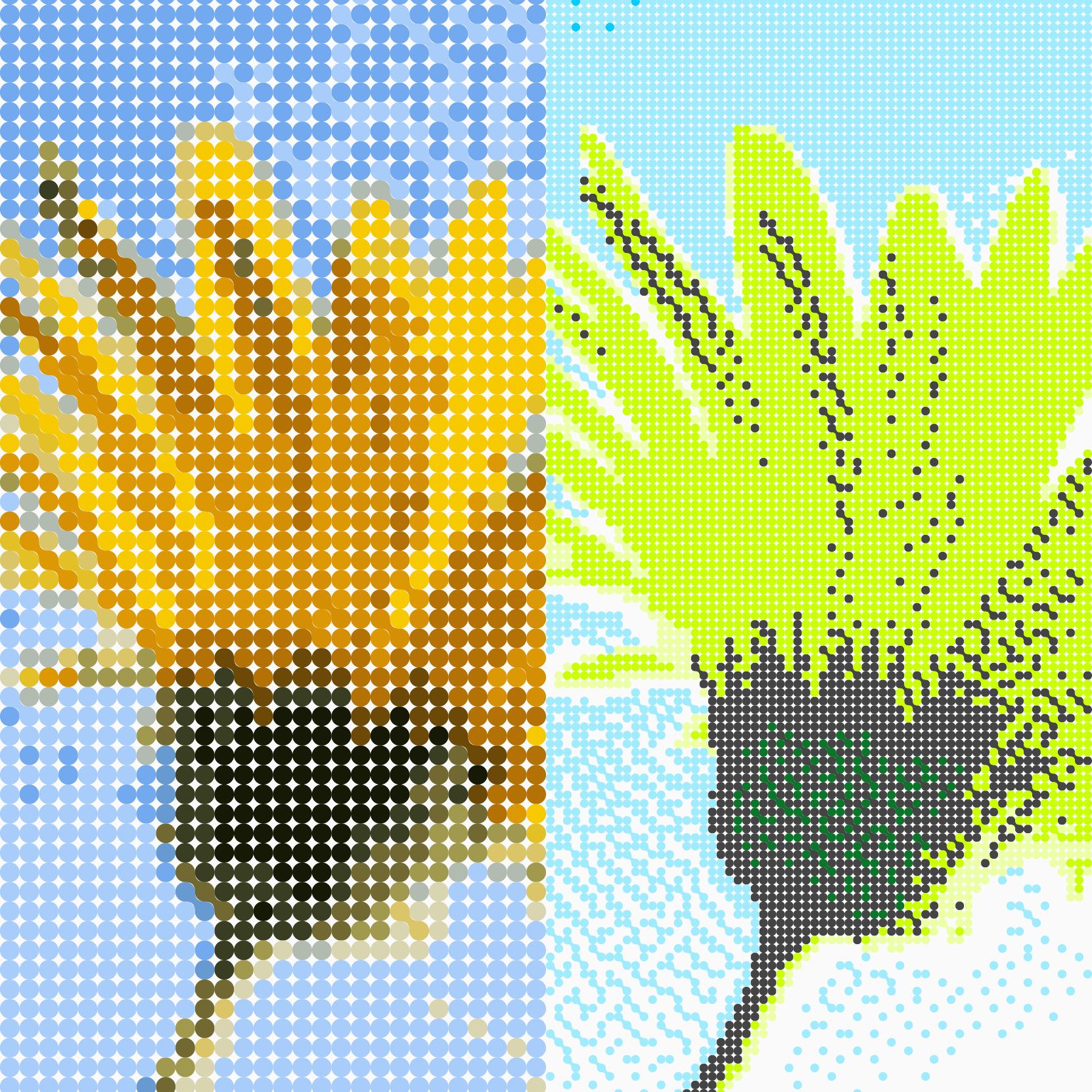 Two versions of the same photograph stylised with the dot pattern treatment, each using a different colour palette: warm yellows and browns, and greens with light blue.