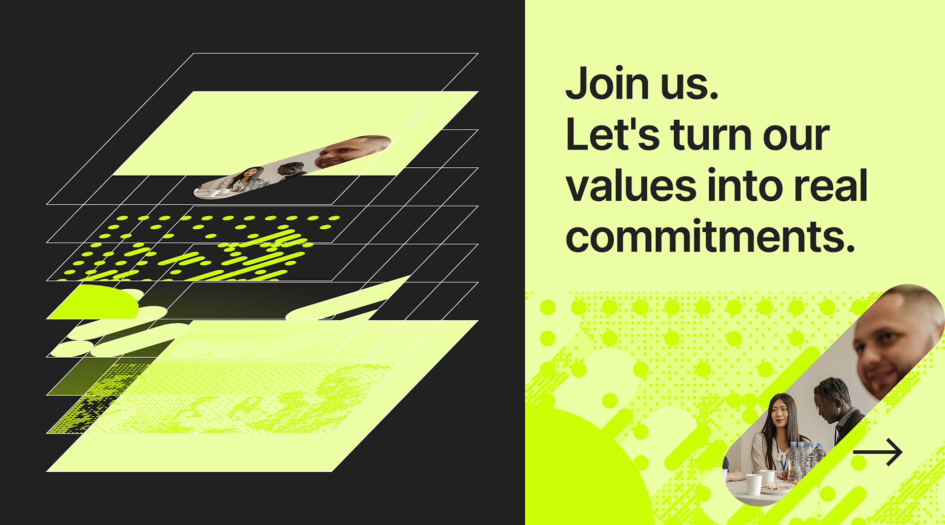 Split image showing the Layering method: on the left, an exploded diagram showing the stacked dot pattern layers of varying sizes that make up the design, and on the right, the finished result, a fluorescent green 'Join us' slide with layered dot patterns and photos of people at an event.