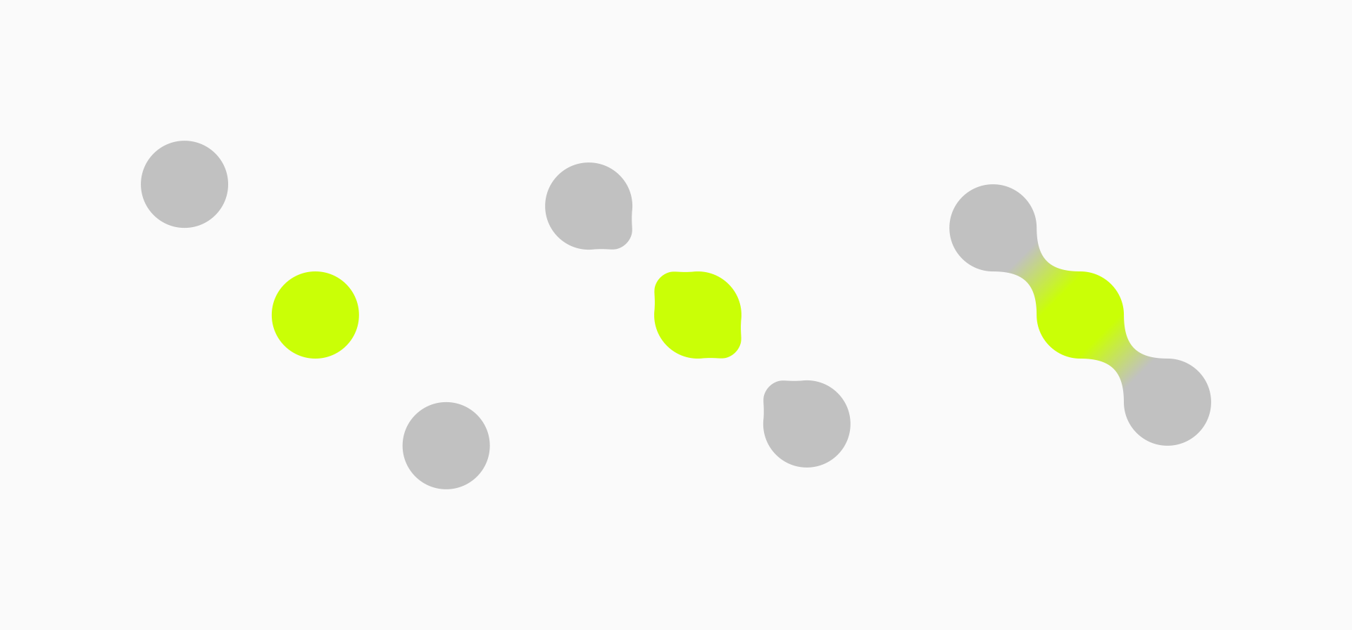 Grey and fluorescent green circular blobs at various distances apart, illustrating the metaball effect: on the right, two nearby blobs stretch and merge into one continuous organic shape, while separate pairs on the left remain distinct.