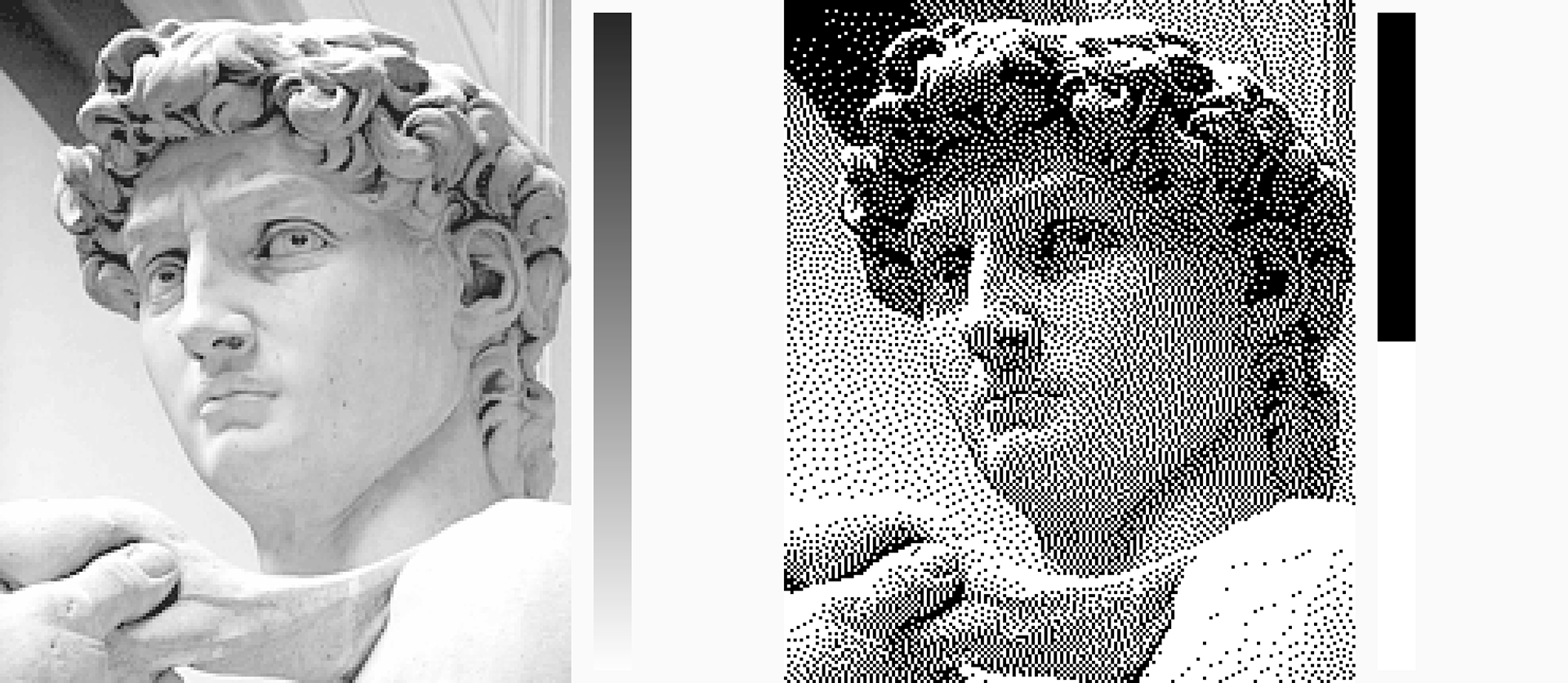 Two-panel comparison of Michelangelo's David: a greyscale photo with a full tonal gradient alongside a dithered black-and-white version, where scattered dots simulate shading using only two colours.