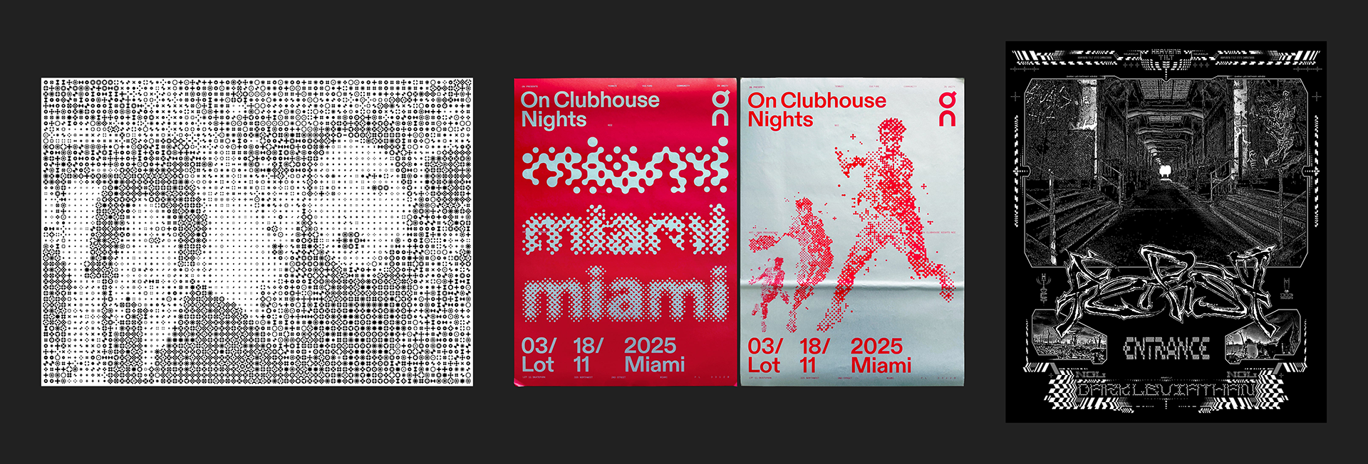 Overview of three design references using dithered halftone imagery: an abstract portrait built from small geometric symbols, 'On Clubhouse Nights' event posters with metaball type and pixelated running figures in red, and a black-and-white graffiti-style poster of a corridor with graphic borders.