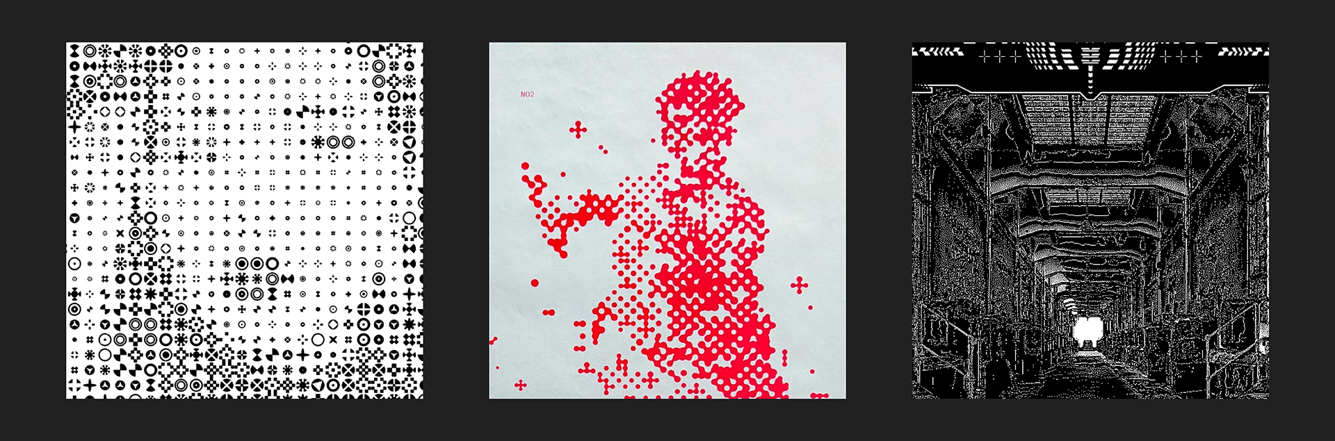 Close up details of the same three references: dense geometric dot patterns forming a portrait, a red dithered running figure printed on paper, and a high-contrast dithered corridor image with a light source at its centre.