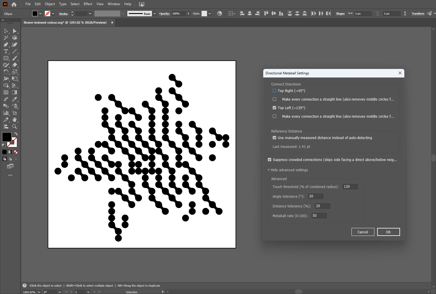 Screenshot of an Illustrator script applying automatic metaball connections to a flower-shaped dot pattern, with a settings panel showing options for connection direction and touch threshold.