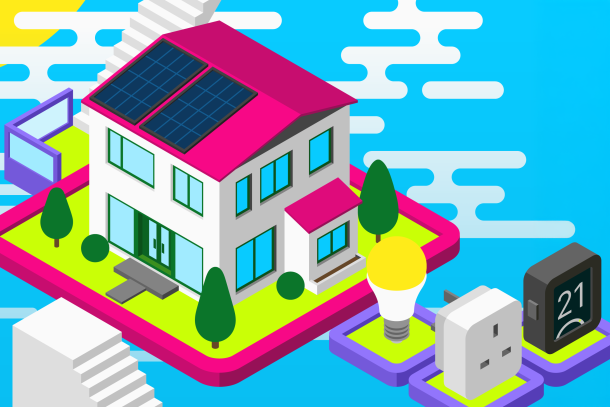 Graphic of colourful house/ office building space with energy saving plugs