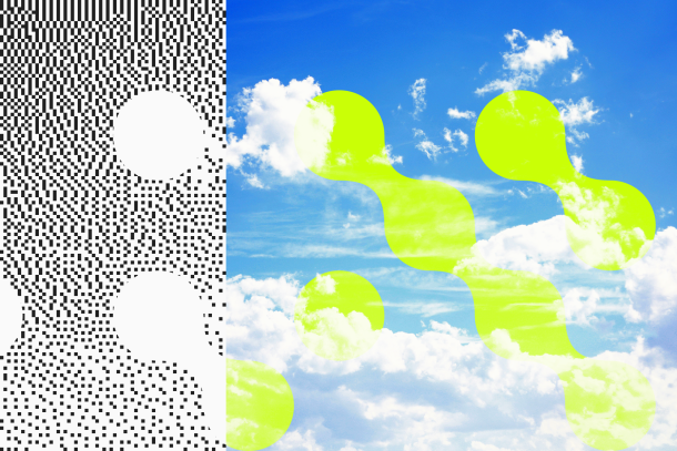 Hero image showing the dot pattern treatment: on the left, a dithered black-and-white version of a sky photo with the dot pattern placed on top in white, and on the right, the full-colour sky photo with the dot pattern embedded in fluorescent green.