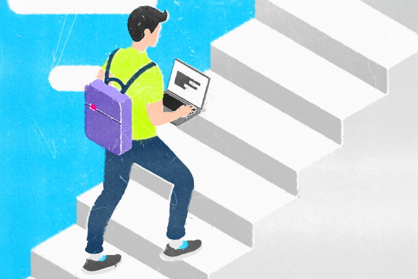 Graphic of man with laptop walking up stairs in the blue sky