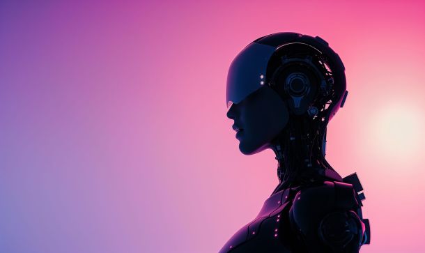 Artificial Intelligence woman robotic figure side profile silhouette pink purple blended backdrop